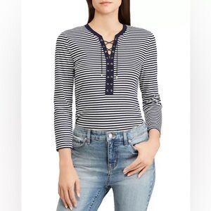 Ralph Lauren Women’s Kynthia Striped Lace Up Top in Navy/White Size M